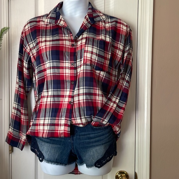 NWT Plaid Rayon Button Down - Picture 2 of 8